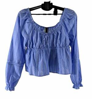 Tinsel Town Women’s XL Blue Striped Square Neck Tie-Front Puff Sleeve Blouse
